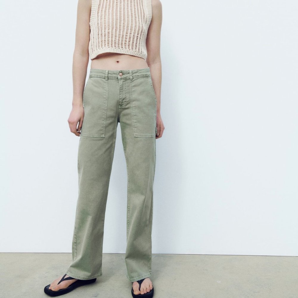Zara High Rise Z1975 Straight Leg Cargo Carpenter Jeans Green NWT